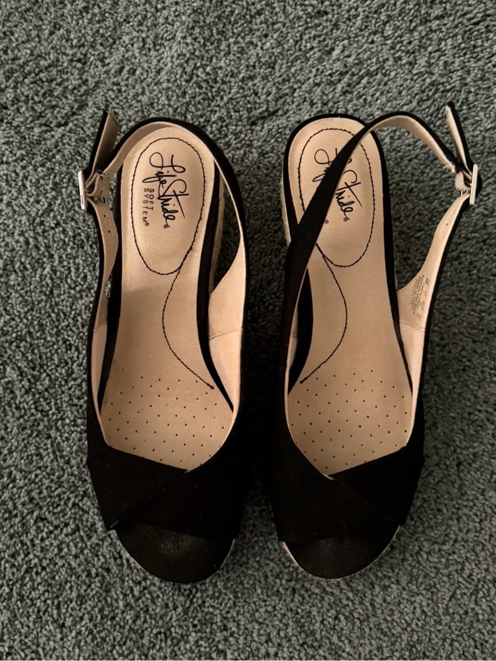 Life Stride Black Slingback Peep-Toe Wedges